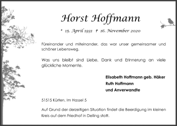 Anzeige von Horst Hoffmann von Kölner Stadt-Anzeiger / Kölnische Rundschau / Express