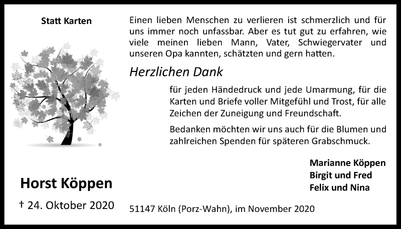  Traueranzeige für Horst Köppen vom 20.11.2020 aus  Kölner Wochenspiegel 