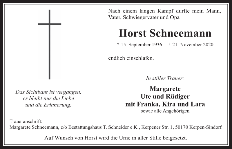  Traueranzeige für Horst Schneemann vom 27.11.2020 aus  Werbepost 