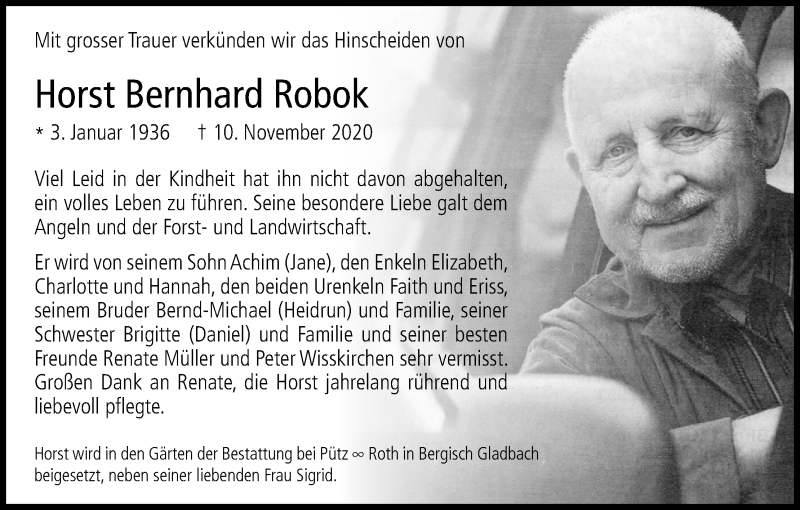  Traueranzeige für Horst Bernhard Robok vom 21.11.2020 aus Kölner Stadt-Anzeiger / Kölnische Rundschau / Express