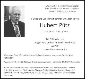 Anzeige von Hubert Pütz von Kölner Stadt-Anzeiger / Kölnische Rundschau / Express