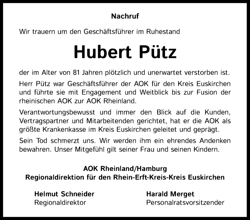  Traueranzeige für Hubert Pütz vom 18.11.2020 aus Kölner Stadt-Anzeiger / Kölnische Rundschau / Express