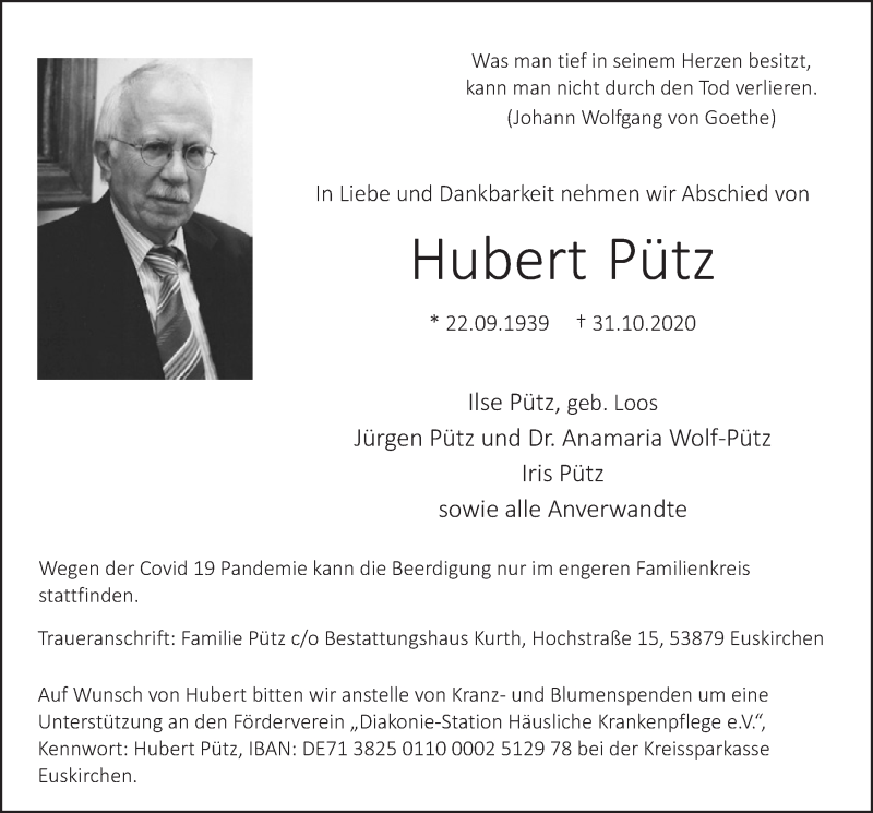  Traueranzeige für Hubert Pütz vom 14.11.2020 aus  Blickpunkt Euskirchen 