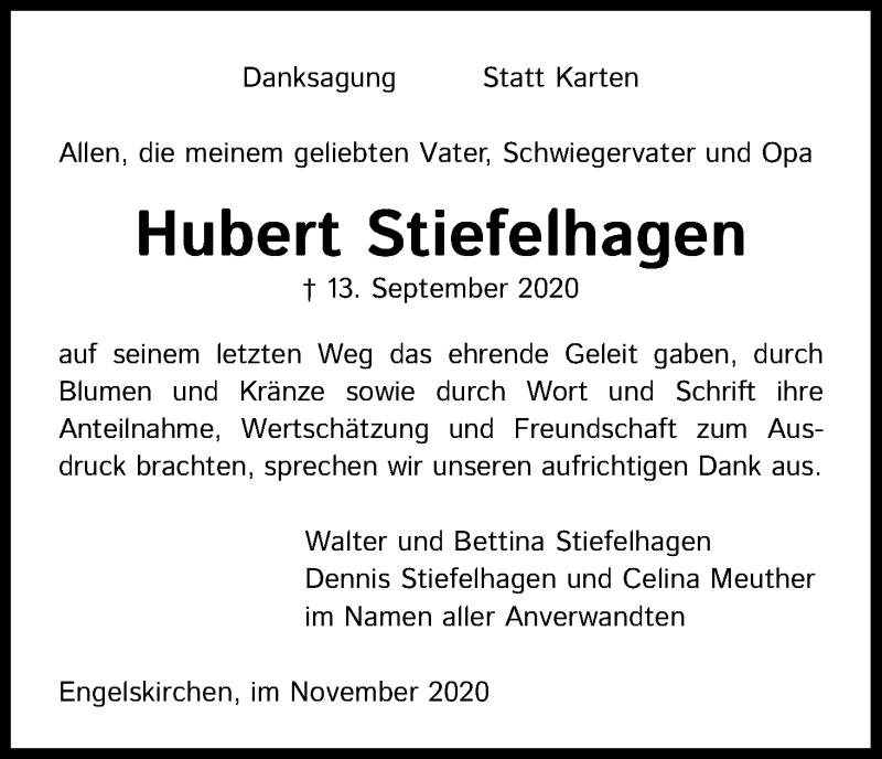  Traueranzeige für Hubert Stiefelhagen vom 28.11.2020 aus Kölner Stadt-Anzeiger / Kölnische Rundschau / Express