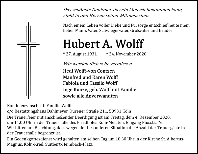  Traueranzeige für Hubert  Wolff vom 28.11.2020 aus Kölner Stadt-Anzeiger / Kölnische Rundschau / Express