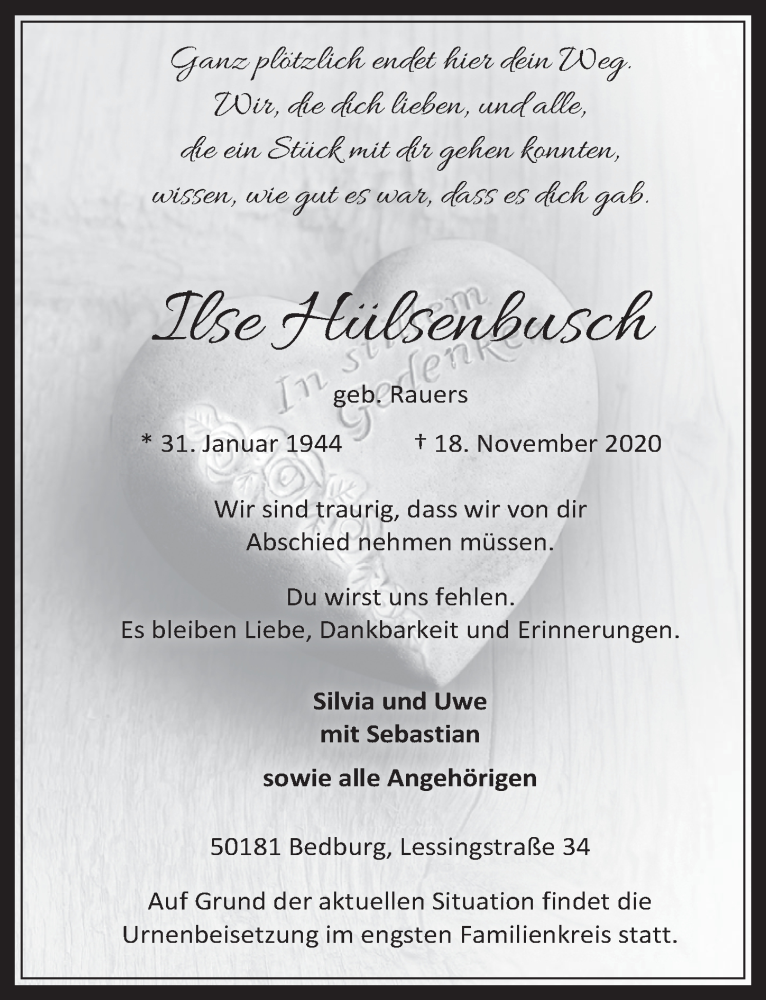  Traueranzeige für Ilse Hülsenbusch vom 27.11.2020 aus  Werbepost 