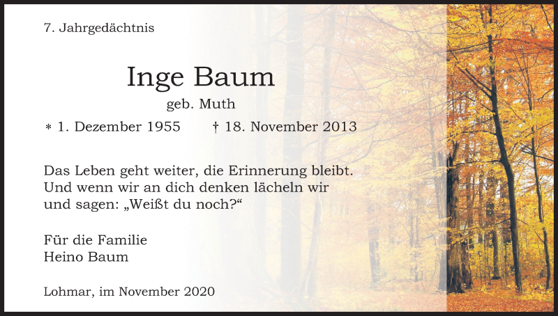  Traueranzeige für Inge Baum vom 18.11.2020 aus Kölner Stadt-Anzeiger / Kölnische Rundschau / Express
