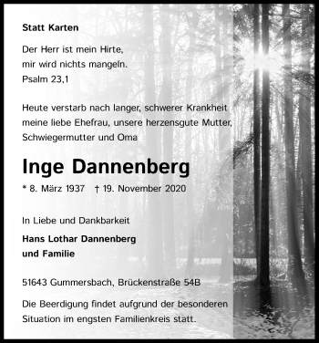 Anzeige von Inge Dannenberg von Kölner Stadt-Anzeiger / Kölnische Rundschau / Express