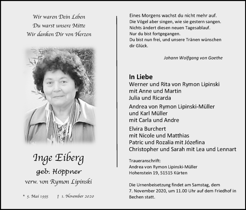  Traueranzeige für Inge Eiberg vom 05.11.2020 aus Kölner Stadt-Anzeiger / Kölnische Rundschau / Express