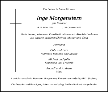 Anzeige von Inge Morgenstern von Kölner Stadt-Anzeiger / Kölnische Rundschau / Express