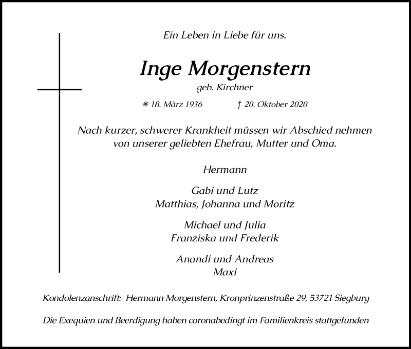  Traueranzeige für Inge Morgenstern vom 07.11.2020 aus Kölner Stadt-Anzeiger / Kölnische Rundschau / Express