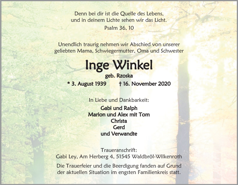  Traueranzeige für Inge Winkel vom 28.11.2020 aus Kölner Stadt-Anzeiger / Kölnische Rundschau / Express