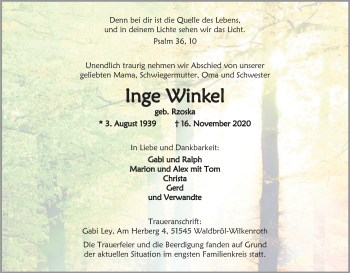 Anzeige von Inge Winkel von Kölner Stadt-Anzeiger / Kölnische Rundschau / Express