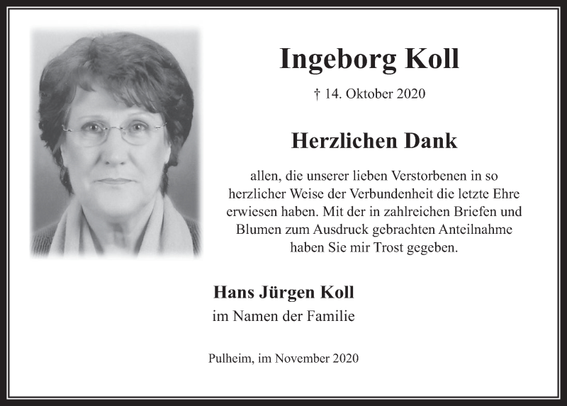  Traueranzeige für Ingeborg Koll vom 13.11.2020 aus  Wochenende 
