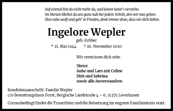 Anzeige von Ingelore Wepler von Kölner Stadt-Anzeiger / Kölnische Rundschau / Express