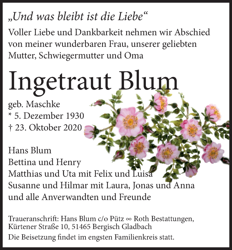  Traueranzeige für Ingetraut Blum vom 07.11.2020 aus Kölner Stadt-Anzeiger / Kölnische Rundschau / Express