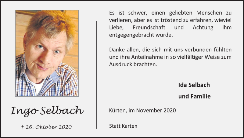  Traueranzeige für Ingo Selbach vom 28.11.2020 aus Kölner Stadt-Anzeiger / Kölnische Rundschau / Express