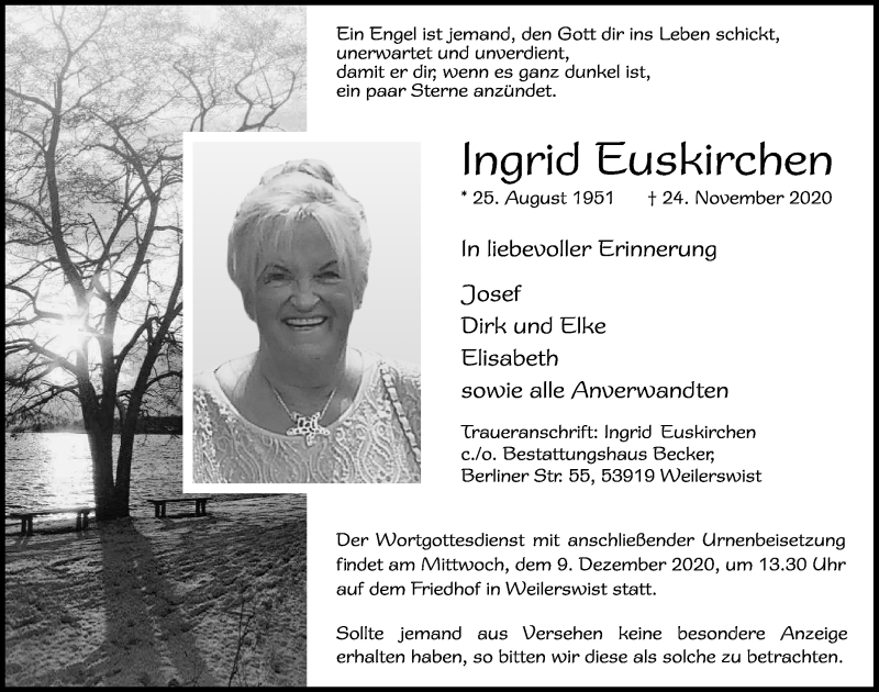  Traueranzeige für Ingrid Euskirchen vom 28.11.2020 aus  Blickpunkt Euskirchen 
