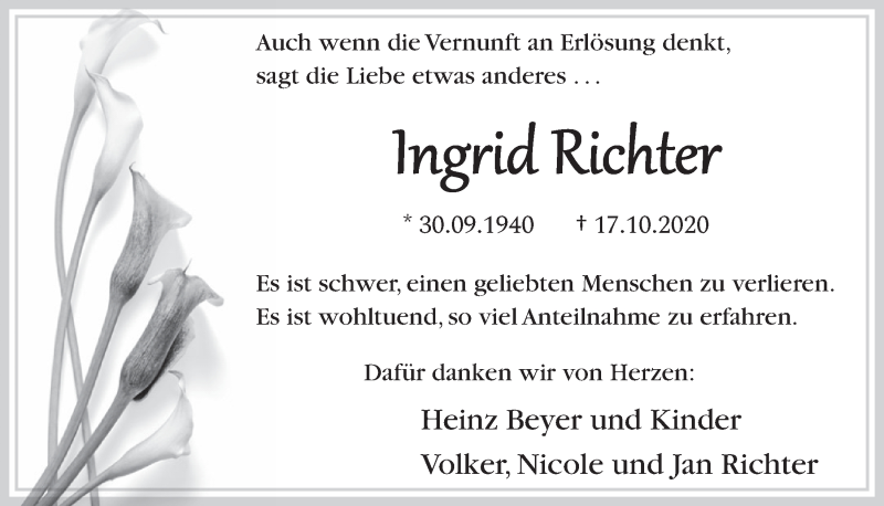  Traueranzeige für Ingrid Richter vom 06.11.2020 aus  Schlossbote/Werbekurier 