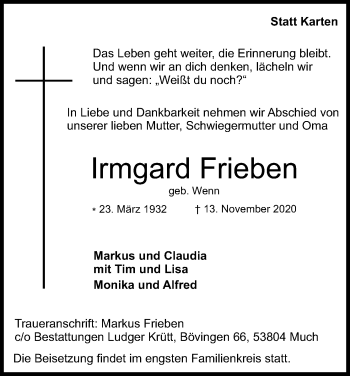 Anzeige von Irmgard Frieben von Kölner Stadt-Anzeiger / Kölnische Rundschau / Express