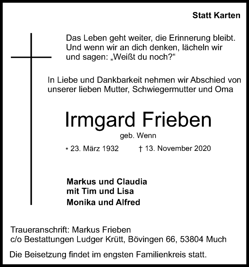  Traueranzeige für Irmgard Frieben vom 21.11.2020 aus Kölner Stadt-Anzeiger / Kölnische Rundschau / Express