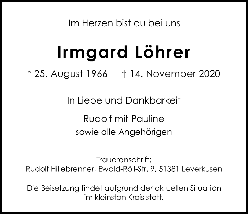  Traueranzeige für Irmgard Löhrer vom 28.11.2020 aus Kölner Stadt-Anzeiger / Kölnische Rundschau / Express
