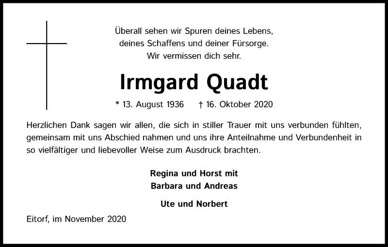  Traueranzeige für Irmgard Quadt vom 28.11.2020 aus Kölner Stadt-Anzeiger / Kölnische Rundschau / Express