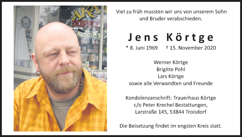  Traueranzeige für Jens Körtge vom 28.11.2020 aus Kölner Stadt-Anzeiger / Kölnische Rundschau / Express