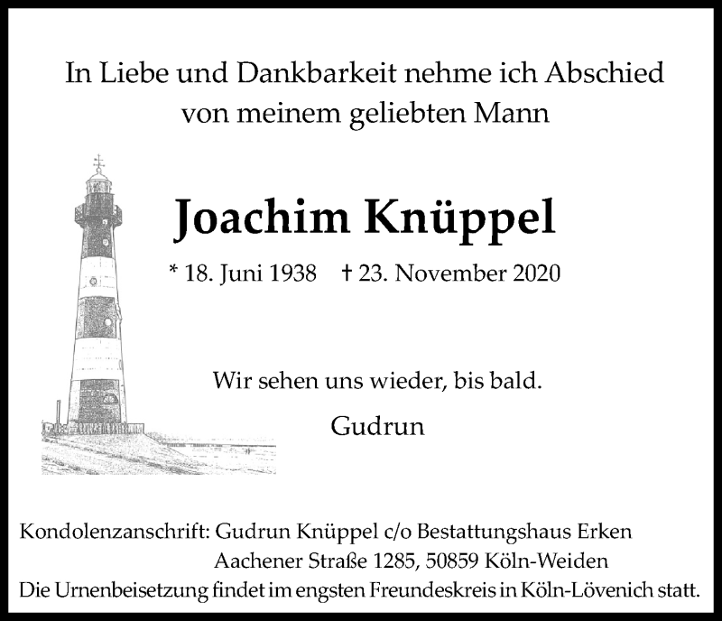  Traueranzeige für Joachim Knüppel vom 28.11.2020 aus Kölner Stadt-Anzeiger / Kölnische Rundschau / Express