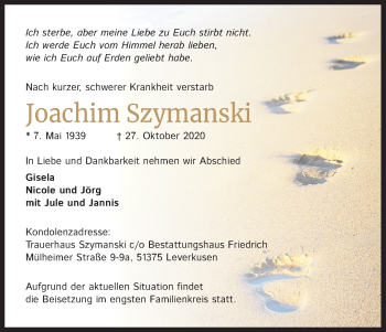 Anzeige von Joachim Szymanski von Kölner Stadt-Anzeiger / Kölnische Rundschau / Express