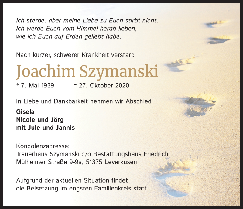  Traueranzeige für Joachim Szymanski vom 07.11.2020 aus Kölner Stadt-Anzeiger / Kölnische Rundschau / Express