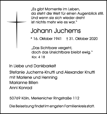 Anzeige von Johann Juchems von Kölner Stadt-Anzeiger / Kölnische Rundschau / Express