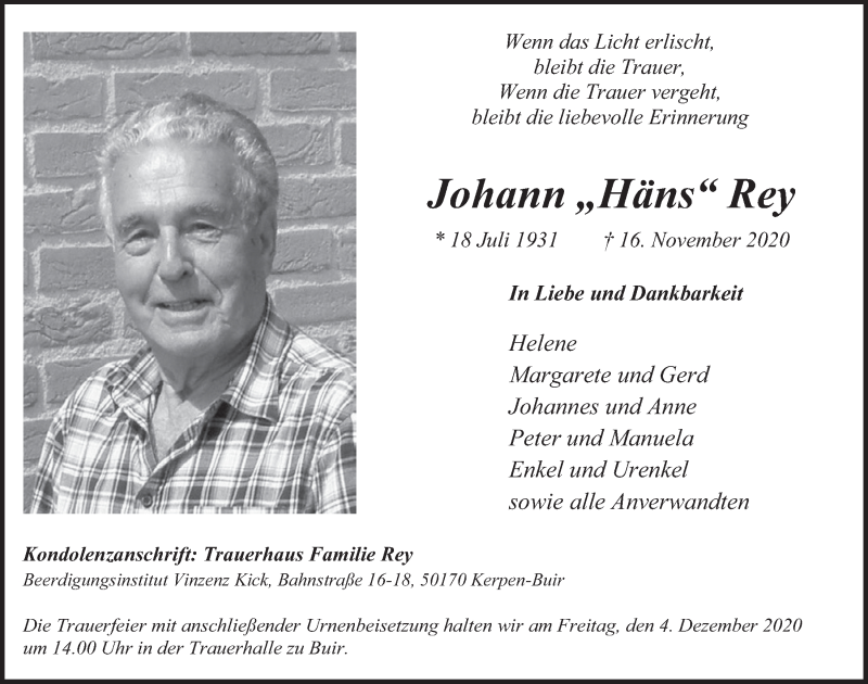  Traueranzeige für Johann  Rey vom 27.11.2020 aus  Werbepost 