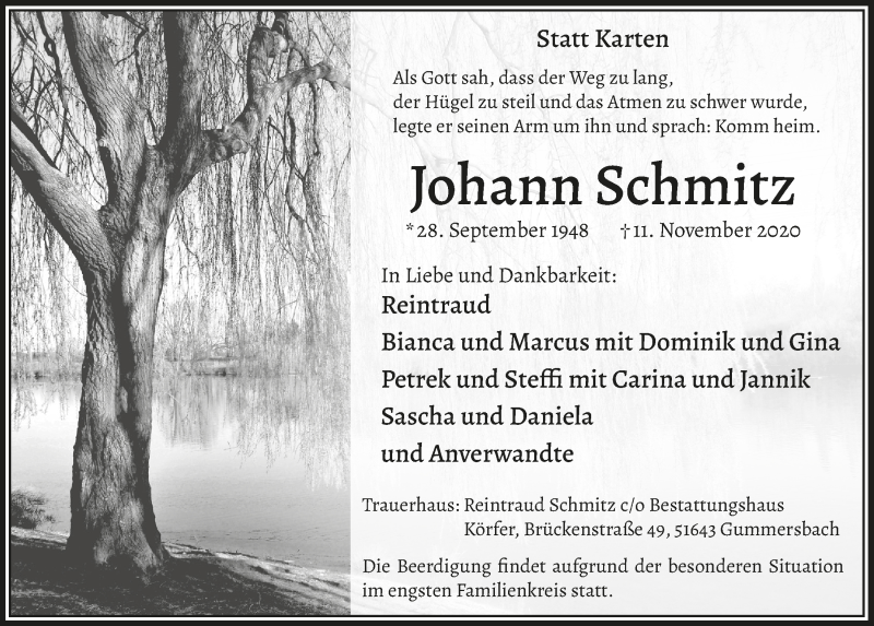  Traueranzeige für Johann Schmitz vom 20.11.2020 aus  Anzeigen Echo 