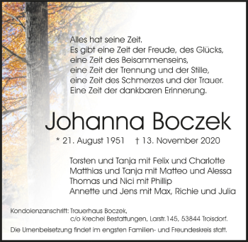 Anzeige von Johanna Boczek von  Extra Blatt 