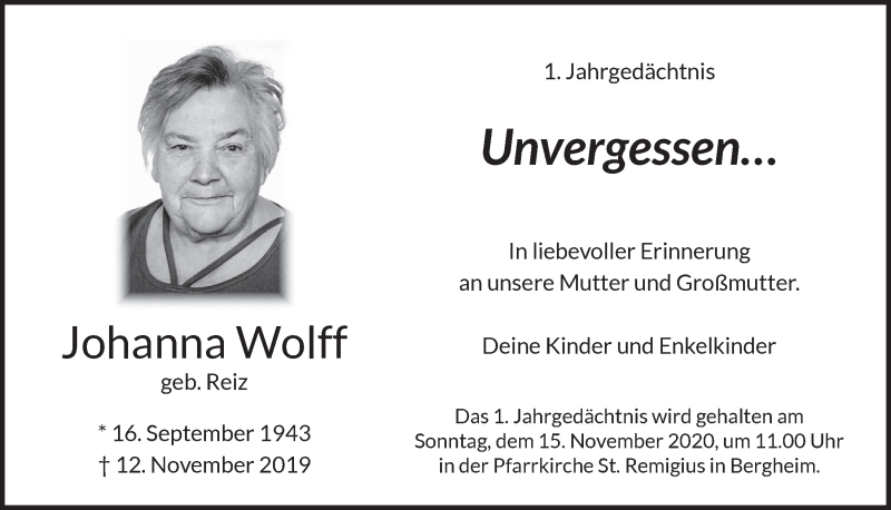  Traueranzeige für Johanna Wolff vom 06.11.2020 aus  Werbepost 
