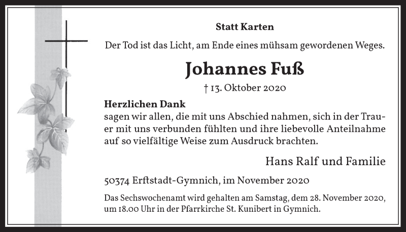  Traueranzeige für Johannes Fuß vom 20.11.2020 aus  Werbepost 