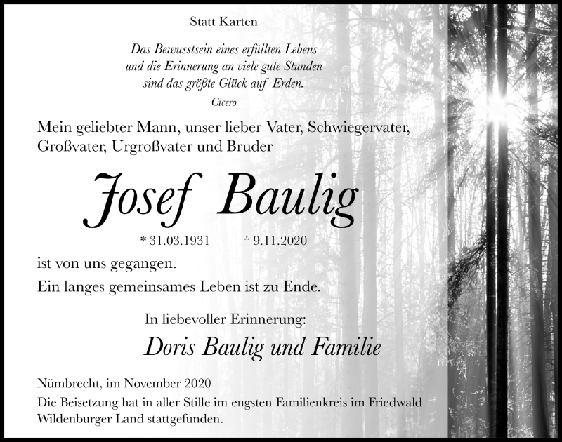  Traueranzeige für Josef Baulig vom 20.11.2020 aus  Lokalanzeiger 