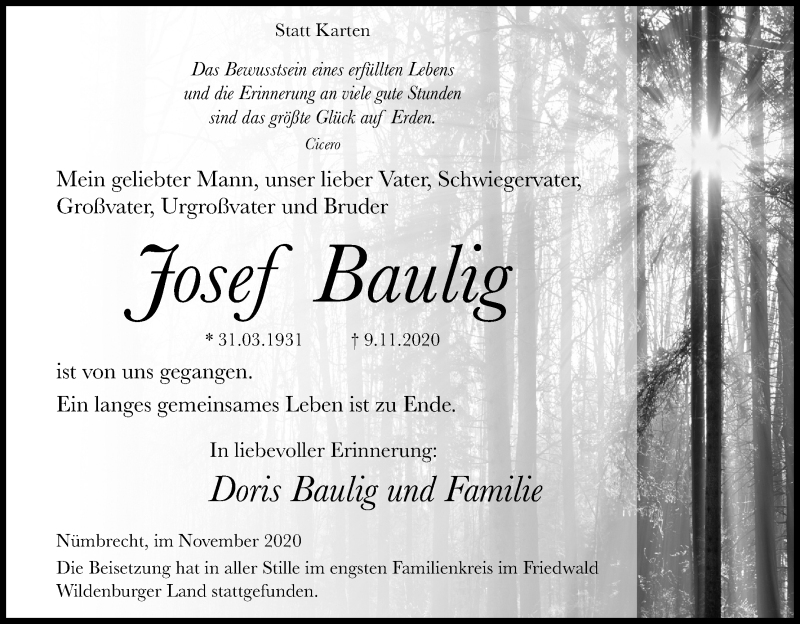  Traueranzeige für Josef Baulig vom 21.11.2020 aus Kölner Stadt-Anzeiger / Kölnische Rundschau / Express
