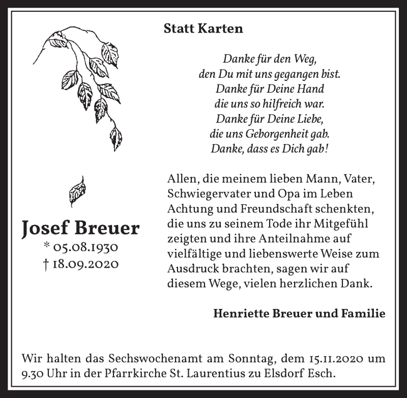  Traueranzeige für Josef Breuer vom 06.11.2020 aus  Werbepost 