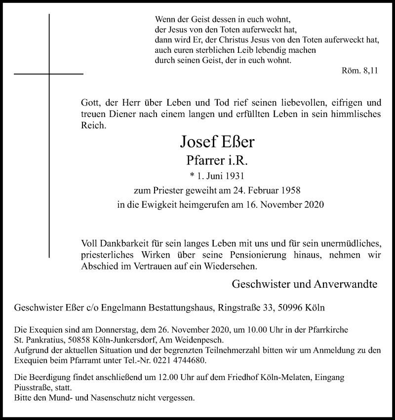  Traueranzeige für Josef Eßer vom 21.11.2020 aus Kölner Stadt-Anzeiger / Kölnische Rundschau / Express
