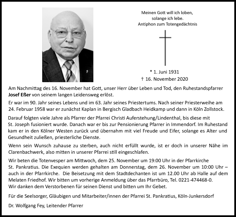  Traueranzeige für Josef Eßer vom 21.11.2020 aus Kölner Stadt-Anzeiger / Kölnische Rundschau / Express