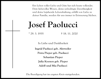 Anzeige von Josef Paolucci von Kölner Stadt-Anzeiger / Kölnische Rundschau / Express