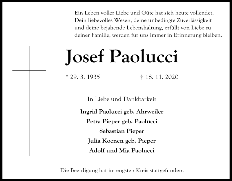  Traueranzeige für Josef Paolucci vom 28.11.2020 aus Kölner Stadt-Anzeiger / Kölnische Rundschau / Express