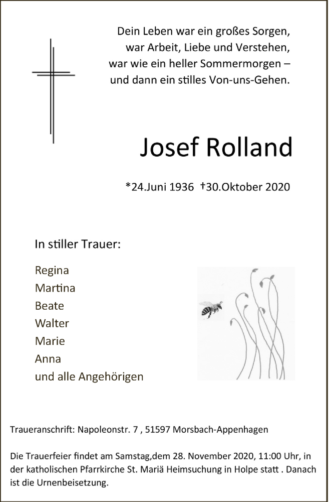  Traueranzeige für Josef Rolland vom 13.11.2020 aus  Lokalanzeiger 