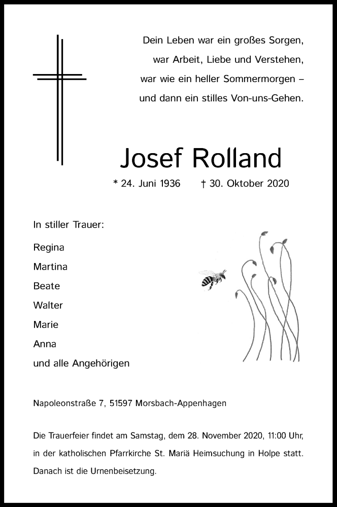  Traueranzeige für Josef Rolland vom 14.11.2020 aus Kölner Stadt-Anzeiger / Kölnische Rundschau / Express