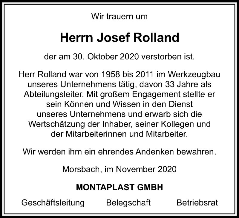  Traueranzeige für Josef Rolland vom 28.11.2020 aus Kölner Stadt-Anzeiger / Kölnische Rundschau / Express