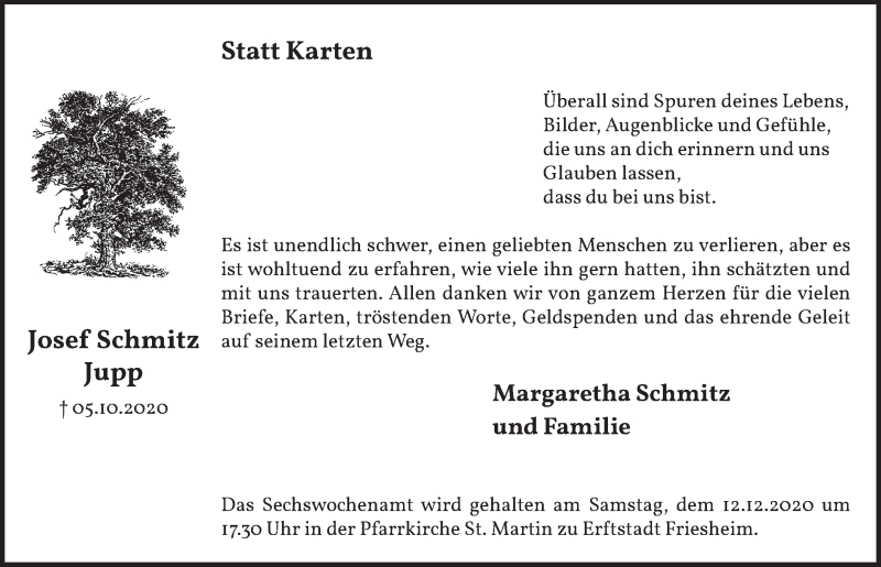  Traueranzeige für Josef Schmitz vom 27.11.2020 aus  Werbepost 