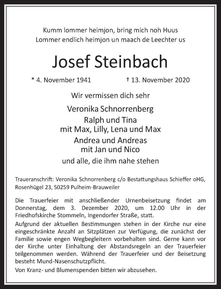  Traueranzeige für Josef Steinbach vom 27.11.2020 aus  Wochenende 
