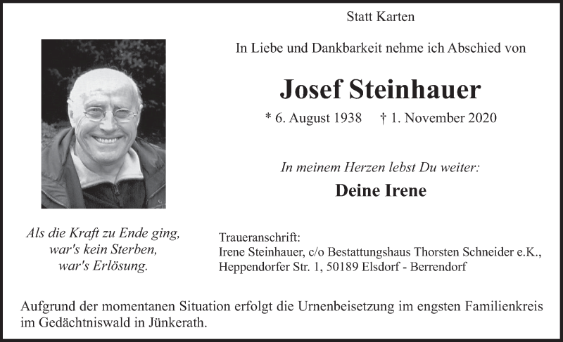 Traueranzeige für Josef Steinhauer vom 13.11.2020 aus  Werbepost 